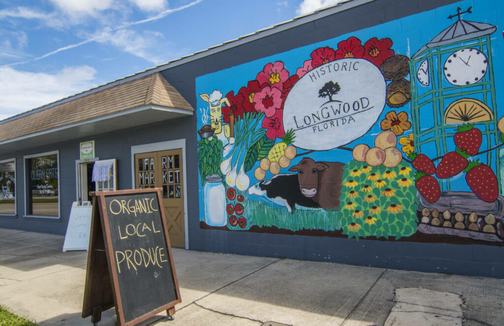 A large chalkboard sign reading "ORGANIC LOCAL PRODUCE" on a sidewalk in front of a locally owned store in the historic district of Longwood, Florida. A large painted mural on the wall shows produce, livestock and local landmarks and reads "HISTORIC LONGWOOD FLORIDA". Longwood, Florida is a location served by Johannessen Lights.