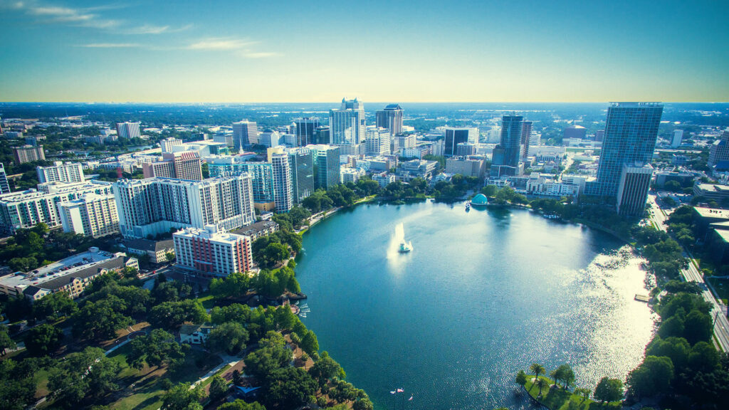 An aerial photo of Orlando, Florida. Orlando, Florida is a location served by Johannessen Lights.
