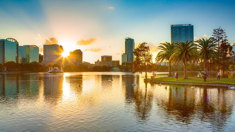 Orlando, Florida's city skyline from the water. Orlando, Florida is a location served by Johannessen Lights.
