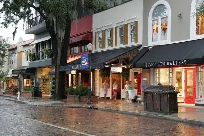 A main street in Winter Park, Florida lined with stores. Winter Park, Florida is a location served by Johannessen Lights.